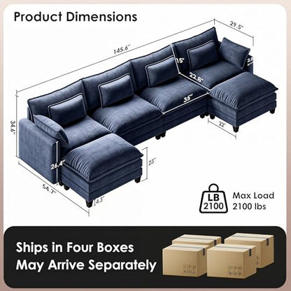 Marsail Modular Sectional Sofa 145.6" U-Shaped Modern Comfy Cloud Couch, 6-Seat Chenille Deep Seat Sofa with Throw Pillow & Movable Ottoman for Living Room, Bedroom and Apartment, Blue - color: Blue, size: 145.6" - U Shape