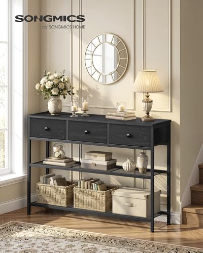 SONGMICS Console Table, Narrow Sofa Table with 2 Mesh Shelves | For Entryway, Living Room, 3 Fabric Drawers, Ebony Black, BELLAH Collection ULGS098B201 - color: Ebony Black, size: 11.8"D x 38.9"W x 31"H (3 Drawers)