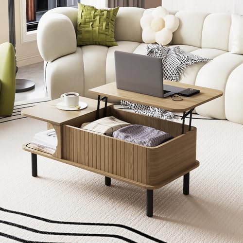 Lift Top Coffee Table,Wooden Rectangle Coffee Table with Hidden Storage Space,Metal Handles,Metal Legs,Mid Century Modern Style,Suitable for Living Room,Office,Apartment. (A-Lift Coffee Table-Oak) - color: A-lift Coffee Table-oak
