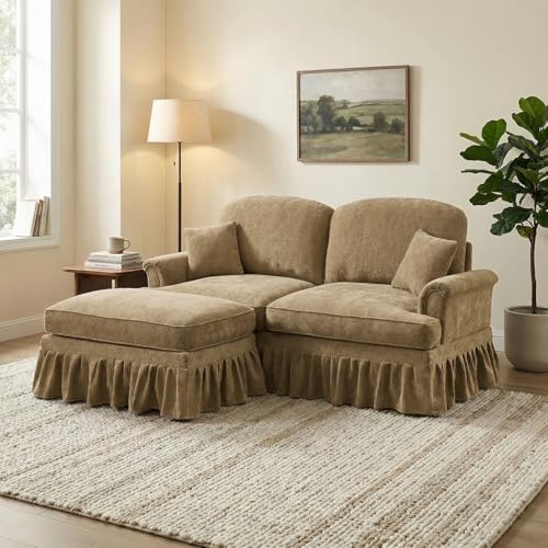 Modular Loveseat Sofa Couch, 2 Seat Comfy Chenille Sofa with Removable Ruffled Skirt, Flared Armrests, Sturdy Legs, Convertible Sectional for Living Room, Bedroom, Apartment (Coffee) - color: Coffee, size: 76.4 Inch L
