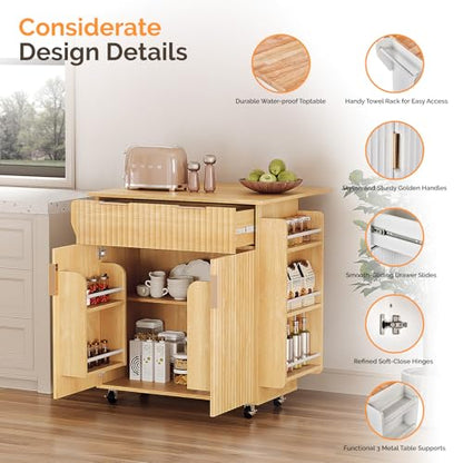 VINGLI Kitchen Island Cart with Storage, Rolling Kitchen Cart on Wheels with Foldable Drop Leaf, 15.35 x 31.15 x 34.45 Inches, Rubber Wood Top, Drawer and Door Cabinet, Oak