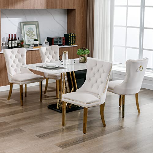Beige Velvet Dining Chairs Set of 8, Tufted Kitchen & Dining Room Chairs | Eight Fabric Dinning Chairs, Velvet Upholstered, Wing Back, Metal Pull Ring, Gold Legs, Wood Frame, Mid Century Modern - color: A-4 Beige Velvet, Gold Legs, size: 8