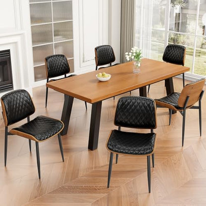 Dining Chairs Set of 2, Mid-Century Modern Upholstered PU Leather Chairs | with Walnut Back and Metal Legs Adjustable Feet for Kitchen Dining Room, Black Diamond Plaid - color: Black Diamond Plaid