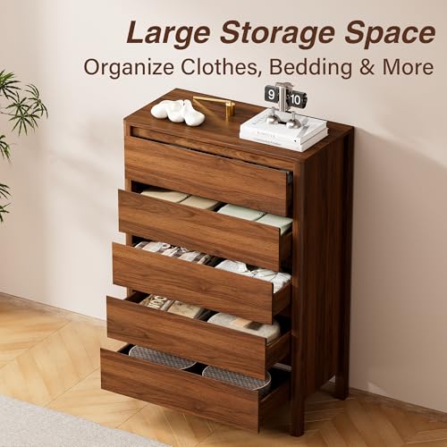 Walnut Dresser for Bedroom, 5 Drawer Dresser with Wood Legs, Tall Wood Dresser, Mid Century Modern Chest of Drawers, Large Storage Bedroom Furniture, Walnut - size: 15.7"D x 31.3"W x 45.6"H (5 Drawers)