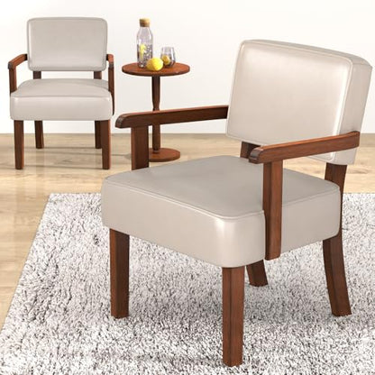 PU Leather Accent Chairs Set of 2, 2 Armchairs with Side Table | Living Room Chairs with Soft Thicken Cushion,Comfy Reading Chair for Bedroom,Waiting Room,Home Office,Easy Assembly,Beige - color: Faux Leather Beige, size: Set of 2 with table