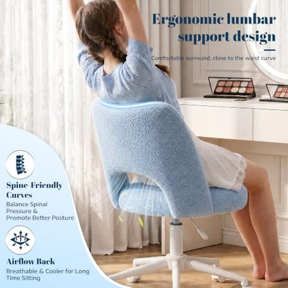 DurayLoly Vanity Chair with Wheels,Open Back, Armless,Light Blue | Chair Soft Teddy Fabric 6" Thick Cushion, Height Adjustable 17.5"–21.5", 360° Swivel for Vanity Table, Home Office - color: Light Blue