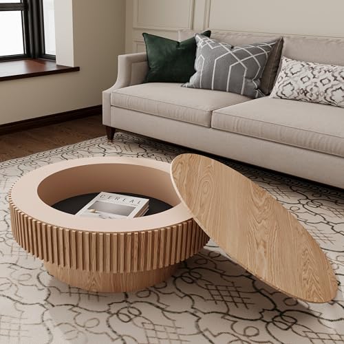 31.5'' Round Coffee Table for Living Room, Solid Wood Veneered Modern Nesting Coffee Tables with Storage, Circle Fluted Drum End Side Accent Tea Table for Apartment Office, Natural Wood - color: Natural Color, size: 31.5"x31.5"x14"