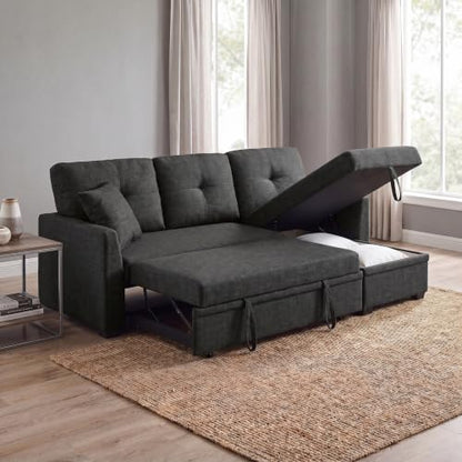 L Shape Queen 3-Seat Pull Out Sleeper Sofa Bed with Storage, Black | Convertible Sofa Bed, L Shape Sleeper Sofa wit, Reversible Storage Chaise, Tufted Fabric,Sectional Sleeper Sofa - color: C-charcoal Black-03c