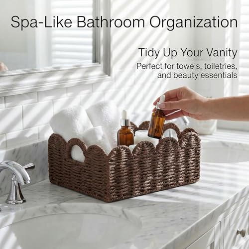 Scalloped Wicker Basket Set of 3, Hand-Woven Storage with Handles | set of 3 brown scalloped baskets with handles. Hand-woven paper rope for shelves, bathroom or closet. Stackable, sturdy. - color: Brown