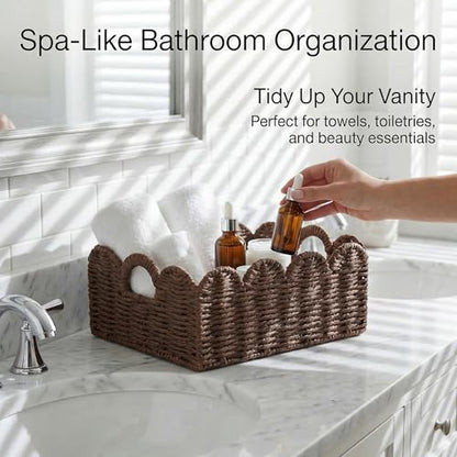 Scalloped Wicker Basket Set of 3, Hand-Woven Storage with Handles | set of 3 brown scalloped baskets with handles. Hand-woven paper rope for shelves, bathroom or closet. Stackable, sturdy. - color: Brown
