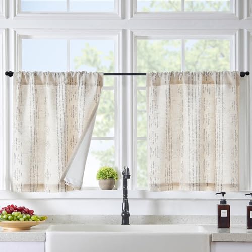 jinchan Boho Linen Kitchen Curtains 36 Inch Bohemian Geometric Striped Small Window Curtains Light Filtering Farmhouse Country Rustic for Bathroom Living Room RV 2 Panels Grey - color: Privacy | Grey on Beige, size: 25"W x 36"L (Pack of 2)