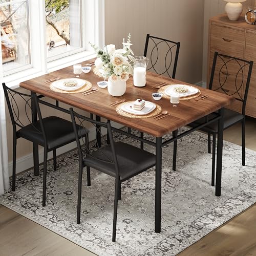 IDEALHOUSE Space-Saving 5-Piece Dining Table Set for 4 – Farmhouse Wooden | Table with Upholstered Chairs – Compact Dining Furniture for Small Spaces, Easy to Clean – Walnut Color - color: Walnut, size: 5-Piece
