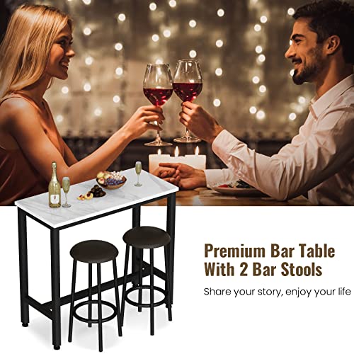 AWQM 39.3" Bar Table Set of 2,Faux Marble Pub Height Table and Chairs Set of 2 with Upholstered Stools,3 Piece Bar Table and Chairs Set Dining Table Set for Living Room,Kitchen,Bar,White & Brown - style: Modern 39.3"