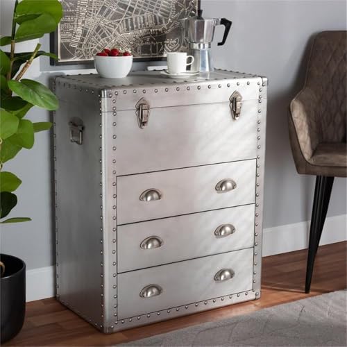 BOWERY HILL 3-Drawer Mid-Century Metal Accent Storage Chest, Silver Finish, Wood and Metal Construction, Vintage-Inspired Rivet Details, Lift-Top Compartment, Bedroom, Living Room, or Entryway Use