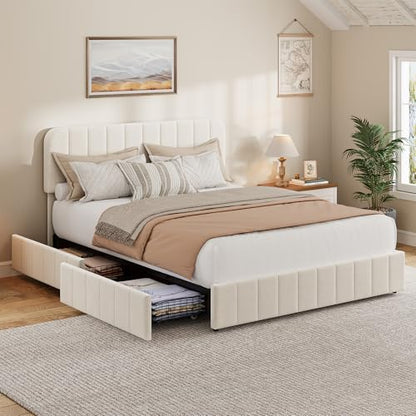 Garvee Queen Size Velvet Bed Frame with 4 Drawers, Adjustable Headboard | Upholstered Platform Bed with Vertical Channel Tufted Design, Noise Free Bed Frame, No Box Spring Needed, Easy Assembly - color: Beige