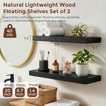 fuqing 20 Inch Floating Shelves, 6.7 Inch Deep Black Wall Shelves Set of 2 | 20'' x 6.7'' x 1.4'' Black Wood Shelves for Bathroom, Living Room, 35LBS, Lightweight, Hardware Included, Waterproof Finish - color: Black, size: 20 Inch