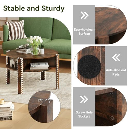 GIANTEX Round Coffee Table, Mid Century Modern Center Table (Rustic Brown) | 2-Tier Storage Shelves & 4 Side Compartments, Wood Coffee Table for Living Room, Small Spaces - color: Rustic Brown