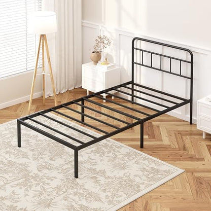 Kujielan 12 inches Twin Bed Frame with Minimalist headboard, Black | Metal Platform Base with Strong Metal Slats,Mattress Foundation for Under Bed Storage,Easy Assembly - size: Twin