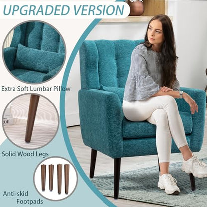 Accent Chair Set of 2, Upholstered Armchair with Pillow, Fabric Single Sofa Chair with Lounge Seat and Wood Legs Accent Chair for Living Room Small Spaces (Teal) - color: Teal, size: Set of 2