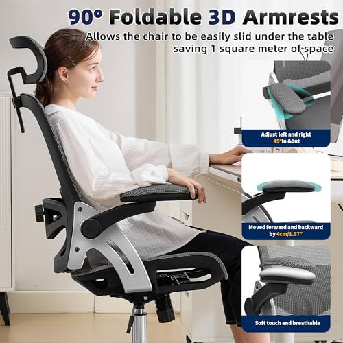 Fizzin Office Chair Mesh Desk Chair with 3D Armrests Computer Chair | Ergonomic Office Chair with Adjustable Lumbar Support and Headrest 125° Tilt and Wide Mesh Cushion High Back Home Desk Chair - color: Black-gray