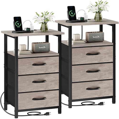 Nightstand Set of 2 with Charging Station, Bedside Table with USB Ports and Outlet, End Table Side Table with 3 Fabric Drawer and Storage Shelf, Bed Side Table Night Stand for Bedroom, Greige - color: Greige, size: 2 Pieces, style: Ordinary