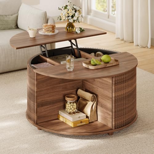 Round Lift Top Coffee Table, 34.6" Modern Coffee Table with 180° Curved Sliding Door, Fluted Accent Coffee Tables with Hidden Storage and Open Shelves, for Living Room, Office, Walnut - color: Walnut