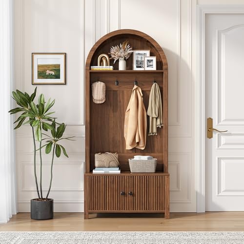 Hall Tree with Bench and Shoe Storage, 4-in-1 Mudroom Entryway Coat Rack & Shoe Storage Cabinet with 4 Hooks, Farmhouse Style Furniture Organizer for Hallway, Foyer, Walnut - color: Walnut-1