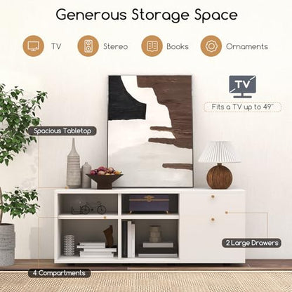 Giantex TV-Stand for Bedroom Entertainment Center - Modern TV Console Cabinet with 2 Drawers, 4 Compartments, Adjustable Feet, Media TV Storage Cabinet for Small Spaces, Entryway, Living Room, White