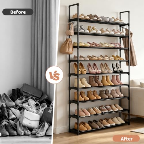 Shoe Rack for Entryway 10-Tiers Large Capacity Metal Shoe Rack Organizer with Two Hooks Holds 40-50 Pairs Shoes and Boots Free Standing Tall Shoe Shelf for Closet/Bedroom/Garage/Hallway Black