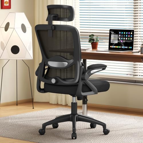 Ergonomic Office Chair,Mesh Office Chair with Lumbar Support,High Back Desk Chair with Flip-up Arms,400 lbs Big and Tall Computer Chair with Headrest,Comfy Desk Chairs - color: Deep Black