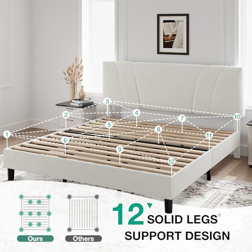 Novilla King Bed Frame and Headboard, King Bed Frame, Velvet Upholstered Bed Frames, No Box Spring Needed, Heavy Duty Feet, Easy Assembly, White Velvet - color: White Velvet, size: King