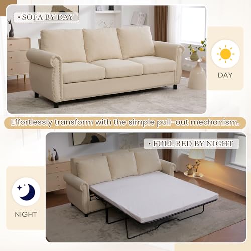 Queen Sleeper Loveseat Sofa Bed, 3 in 1 Convertible Pull Out Couch Bed with Thick Memory Foam Mattress Included, 3 Seater Upholstered RV Furniture Living Room Apartment Small Space (Cream Linen)