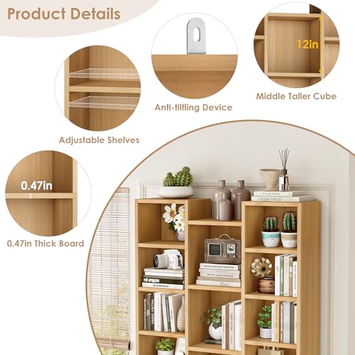 FOTOSOK 71'' H Bookshelf with 21 Cubes, Triple Wide Tall Bookshelf Natural | 8 Tier Bookcase with 8 Adjustable Shelves, Large Bookshelf DVD/CD Media Tower Storage, Freestanding Display Shelf Cabinet - color: Natural