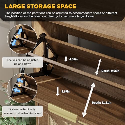 Maupvit Large Shoe Storage Cabinet with 4 Flip Drawers, Narrow Shoe Cabinet for Entryway with Wooden Legs, Freestanding Hidden Shoe Rack Organizer ＆ Metal Hinges, Rustic Oak Rattan - color: Rustic Oak Rattan, style: 4-Drawers