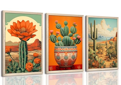 Wood Framed Mexican Cactus Wall Art Set of 3, Vintage Desert Botanical Canvas Prints, Boho Southwestern Floral Painting Pictures, Rustic Living Room Bedroom Bathroom Home Wall Decor 12x16 inch - color: Cactus, size: 16"L x 12"W