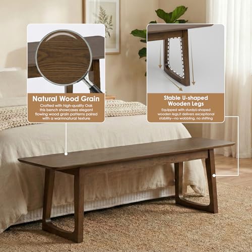 HNY Farmhouse Dining Bench, Solid Wooden Entryway Bench, 55 Inch Long Wooden Bench, Kitchen Dining Seat for Entryway/Dining Room/Kitchen/Living Room, Walnut - color: Walnut Wood, size: 1 bench