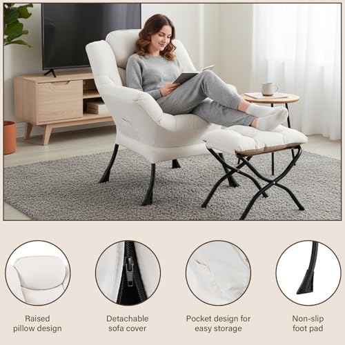 Welnow Lazy Chair with Ottoman, Reading Chair with Footrest, Beige | A Side Pocket,Armrests,Foldable Footrest,Thick Cushioned Seat & Backrest, Lounge Chair for Bedroom,Living Room & Small Space - color: Beige