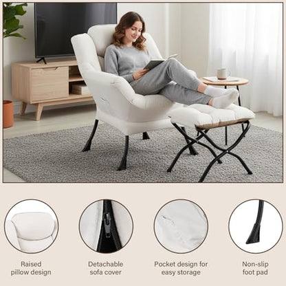 Welnow Lazy Chair with Ottoman, Reading Chair with Footrest, Beige | A Side Pocket,Armrests,Foldable Footrest,Thick Cushioned Seat & Backrest, Lounge Chair for Bedroom,Living Room & Small Space - color: Beige