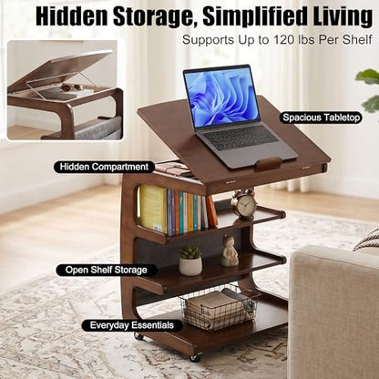100% Solid Wood C Shaped End Table with Swivel Wheels, Lift Top Couch Table with Storage, Rolling Table that Slide Under Sofa & Bed, 15.75" D x 23.62" W x 24.8" H