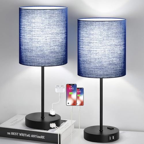 Lynnoland 2 Pack Touch Control Table Lamps with 2 USB & AC Outlet, 3-Way Dimmable Bedside Nightstand Lamps for Bedroom Living Room Nursery, 800 Lumens 5000K Daylight Bulbs Included - color: (2 Pack)Navy Blue & Black(Base)-5000K Bulbs Included