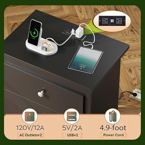 WLIVE Tall Nightstand with Charging Station, Wood Bedside Table, Black | 3 Drawers Storage, Power Outlets(2AC+2USB), Easy Assembly, Premium Eco-friendly Wood, Black Night Stand for Bedroom - color: Black