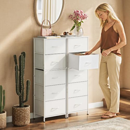 WLIVE Tall Dresser for Bedroom, 5 Drawer Dresser, White | 5 vertical fabric drawers, Tall vertical design, Bedroom or closet use, Dresser for small spaces, Chest of drawers - color: White