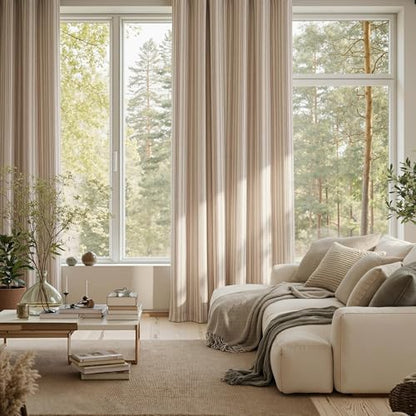 MYSKY HOME Taupe Striped Curtains 100% Blackout 84 Inches Long Farmhouse Rustic Curtains for Bedroom Living Room Tan Stripe Patterned Linen Blend Double Layer Drapes, Grommet, 2 Panels, 52" Wide - color: B-taupe/Blackout, size: 52"W x 84"L (Pack of 2)
