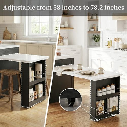 Kitchen Island with Extendable Dining Table for 4-6, Farmhouse Rolling Mobile Center Islands with Storage, Wine Glass Rack, Charging Station, 2 Drawers 2 Side Open Shelves, White marble-patterned - color: White&marble