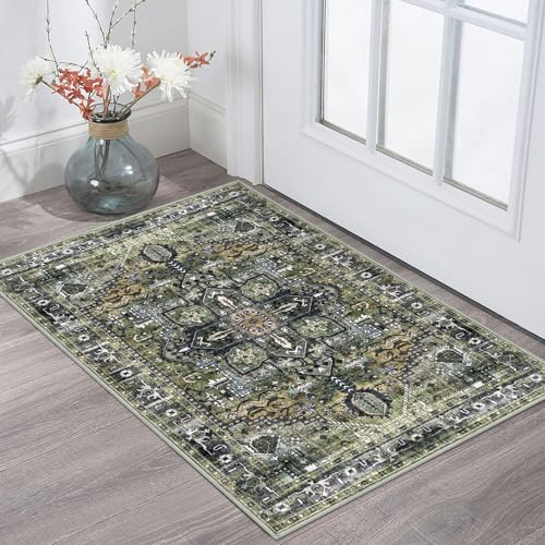 KOZYFLY Small Area Rug 2x3 Ft Rugs for Entryway Washable Boho Entry Rug Non Slip Door Mat Indoor Entrance Faux Wool Vintage Printed Kitchen Rug Throw Rugs for Entrance Kitchen, Moss Green/Olive Grove - color: Moss Green/Olive Grove, size: 2' x 3' (Rectang