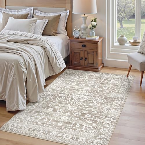 Soalmost 3x5 Area Rugs for Entryway, Washable Neutral Soft Rug Light Brown | Vintage Floral Low Pile Non-Slip Throw Area Rugs, Accent Rug Floral Indoor Mat for Bedside Living Room Kitchen Bedroom 3'x5' - color: Light Brown, size: 3' x 5' (Rectangular)