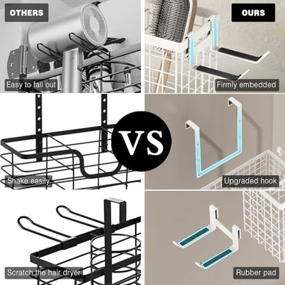 Voldra Hair Dryer Holder Cabinet Door, Adhesive Hair Tool Organizer Wall Mount Adjustable Height Blow Dryer Holder Under Sink/Countertop for Flat Curling Iron, Hair Brush and Straightener (1, White) - color: White