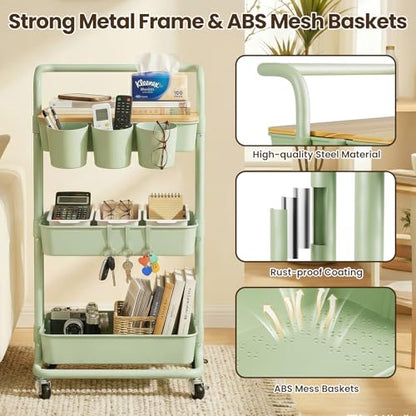 3 Tier Rolling Cart, Multifunctional Storage Cart with Table Top | Lockable Wheels, Heavy Duty Metal Frame Utility Cart for Kitchen, Bathroom, Office, Bedroom (Green) - color: Green