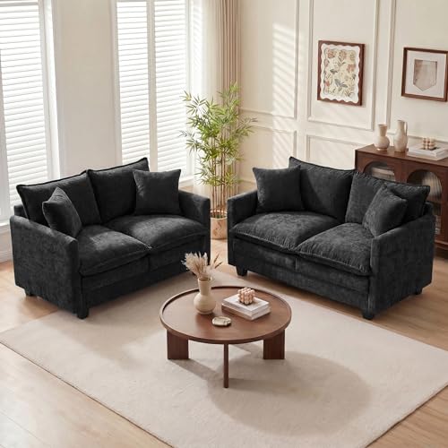 Loveseat Sofa Couch 2 Piece Set, Small Compact 50" Love Seat 27" Deep Cloud Sofa Set Washable Chenille Pillow Living Room Set for Apartment Office 50-Black-2+2 - color: Black, size: 50"+50"