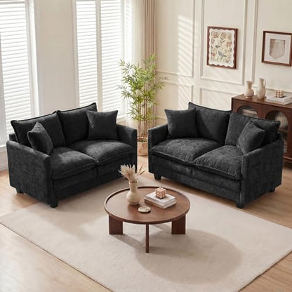 Loveseat Sofa Couch 2 Piece Set, Small Compact 50" Love Seat 27" Deep Cloud Sofa Set Washable Chenille Pillow Living Room Set for Apartment Office 50-Black-2+2 - color: Black, size: 50"+50"